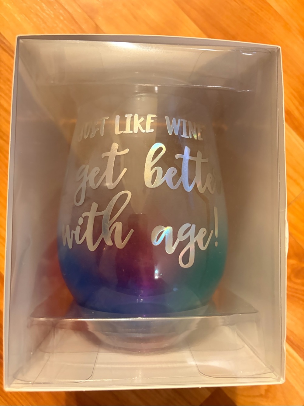 Iridescent Blue and Purple Stemless Wine Glass - Get Better With Age